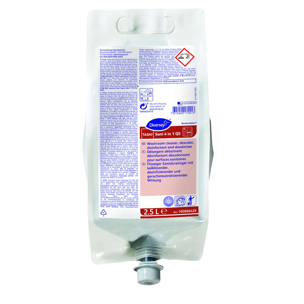 TASKI Sani 4 in 1 QS 2x2.5L - Flüssiger Sanitärreiniger mit kalklösender, desinfizierender und geruchsneutralisierender Wirkung