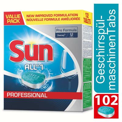 Sun Professional All in 1 Tabs 4x102Stk. - Geschirrreiniger Tabs All in 1, mit integriertem Klarspüler und Salzfunktion, geeignet für Haushaltsgeschirrspüler.